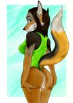  2021 5_fingers absurd_res anthro aridreamer black_nose breasts brown_body brown_fur brown_hair butt canid canine canis claws clothed clothing coyote digital_media_(artwork) dr._sarah female finger_claws fingers fur green_clothing green_one-piece_swimsuit green_swimwear hair hand_on_butt hand_on_own_butt hi_res humanoid_hands long_hair looking_at_viewer looking_back looking_back_at_viewer mammal one-piece_swimsuit presenting presenting_hindquarters raised_tail rear_view solo swimwear 