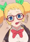  1girl aikatsu!_(series) blonde_hair blue_eyes blush bow brown_jacket commission finger_in_mouth glasses green_bow grey_background hair_bow heart heart-shaped_pupils jacket juliet_sleeves long_sleeves looking_at_viewer open_mouth osame pov pov_hands puffy_sleeves red-framed_eyewear red_bow saegusa_kii saliva shirt skeb_commission solo_focus symbol-shaped_pupils tongue tongue_out twintails upper_body white_shirt 