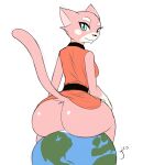  2016 anthro big_butt blue_eyes bottomless butt clothed clothing domestic_cat earth felid feline felis female fur giga girokett looking_at_viewer looking_back macro mammal pink_body pink_fur rear_view shima_luan signature simple_background sitting sketch smile super_planet_dolan white_background 