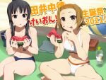 2girls :o akiyama_mio alternate_costume ball bangs beach beach_towel beachball bikini birthday black_eyes black_hair blue_bikini blunt_bangs bottle breasts brown_eyes brown_hair cleavage closed_mouth clover_print crossed_legs day eating eyebrows_visible_through_hair food fruit hairband hand_on_own_chin highres holding holding_food k-on! kamaage_tomorou long_hair looking_at_viewer multiple_girls navel on_ground open_mouth outdoors sand school_briefcase seed shadow short_hair sidelocks sitting stomach swimsuit tainaka_ritsu tongue tongue_out towel translation_request water_bottle watermelon watermelon_seeds white_bikini 