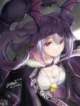  1girl arknights artist_name bat_wings blush breasts cleavage collarbone commentary_request dated eyebrows_visible_through_hair fur_trim hair_ornament hairclip head_wings highres hood hood_down jewelry long_hair looking_at_viewer manticore_(arknights) necklace open_mouth pointy_ears purple_eyes purple_hair revision scorpion_tail shirt signature solo tail twintails upper_body white_shirt wings yukinoshiro 