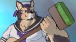  16:9 anthro broom brown_body brown_fur canid canine canis cleaning_tool domestic_dog fur hi_res lifewonders live-a-hero male mammal muscular muscular_anthro muscular_male oumagawald pecs pubraseer sailor_hat sailor_uniform solo video_games widescreen 