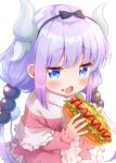  animal_humanoid blue_eyes blush child clothed clothing dragon dragon_humanoid eating_food eyebrow_through_hair eyebrows female food hair horn hot_dog humanoid kanna_kamui ketchup miss_kobayashi&#039;s_dragon_maid open_mouth purple_hair signature simple_background skm solo translucent translucent_hair white_background young 