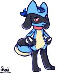  1:1 ambiguous_gender anthro black_body black_fur blue_body blue_fur fan_character fluffy fur hi_res mammal markings_(fur) mostly_nude multicolored_outline nintendo open_mouth outline pok&eacute;mon pok&eacute;mon_(species) red_eyes red_sclera riolu scarf scarf_only simple_background smile snoiifoxxo solo tan_body tan_fur video_games watermark 