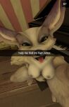 3d_(artwork) anthro big_breasts blizzard_entertainment breasts canid canine digital_media_(artwork) english_text female fennec fenny_fennerson fox fur green_eyes mammal open_mouth smile smiling_at_viewer snapchat solo source_filmmaker spread_legs spreading tan_body tan_fur text tongue tongue_out video_games vulpera warcraft 