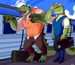  anthro clothing crocodile crocodilian crocodylid duo hacony hat headgear headwear hi_res male reptile scalie train vehicle 
