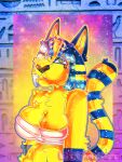  3:4 animal_crossing ankha_(animal_crossing) anthro bandaged_chest big_breasts blue_body blue_eyes blue_fur blue_hair breasts butt chubby_female clothed clothing domestic_cat egyptian felid feline felis female fur hair huge_breasts hyper hyper_breasts looking_up mammal narrowed_eyes nintendo partially_clothed reptile scalie slightly_chubby smile snake solo sparkles this tight_clothing tight_topwear to topwear video_games way yellow_body yellow_fur 