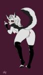  anthro anus bent_over blush breasts butt canid canid_demon demon ear_piercing ear_ring female gatox_(artist) genitals gesture hair hanging_breasts hellhound helluva_boss hi_res looking_back loona_(vivzmind) mammal middle_finger mostly_nude nipples notched_ear piercing presenting presenting_hindquarters pussy red_sclera simple_background solo toeless_legwear white_hair 