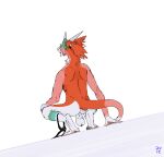  anthro avie aviesergal backsack ball_tuft balls biped butt clothing crouching digital_media_(artwork) ear_piercing ear_ring fur genitals green_body green_fur hi_res male multicolored_body multicolored_fur orange_body orange_fur piercing presenting_balls saggy_balls sergal simple_background skinny solo tuft underwear undressing white_background white_body white_fur 