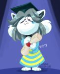  ambushpredator anthro bodily_fluids canid canine clothed clothing crying diploma felid feline fur graduation hair mammal simple_background tears tears_of_joy tem temmie_(undertale) text topwear undertale video_games white_body white_fur 