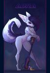  absurd_res adra anthro big_ears black_sclera blush breasts canid canine fedmry female fennec fox fur genitals hi_res mammal nude pink_pussy purple_eyes pussy science_fiction smile solo technology text thick_thighs white_body white_fur 