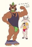  5_fingers 5_toes absurd_res anthro arm_tuft barefoot big_biceps big_bulge big_deltoids big_ears big_muscles big_pecs big_quads big_triceps black_clothing black_hooves black_horn black_shirt black_tank_top black_topwear blue_bottomwear blue_clothing blue_shorts blush bodily_fluids bottomwear bovid bristol brown_body brown_eyebrows brown_fur bulge butt caprine caught cheek_tuft claws closed_frown clothed clothed_anthro clothed_male clothing dialogue digital_drawing_(artwork) digital_media_(artwork) duo ears_down embarrassed english_text eyebrows facial_tuft feet fingers flat_colors flexing flexing_bicep full-length_portrait fur goat green_hair green_speedo hair hi_res holding_object holding_phone hooves horn huge_pecs humanoid_hands interspecies larger_anthro larger_male leg_tuft male male/male mammal manly mohawk muscle_size_difference muscular nervous open_mouth open_smile partially_clothed pecs phone pivoted_ears plantigrade portrait pose red_speedo shirt shorts shorts_down simple_background size_difference smaller_anthro smaller_male smile standing surprise sweat tail_tuft tank_top text three-quarter_view toes toony topwear tuft tusks two_tone_speedo ursid wearing_glasses white_background white_body white_claws white_fur white_speedo yellow_clothing yellow_shirt yellow_topwear 