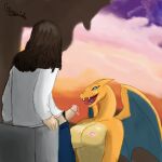  1:1 anthro bodily_fluids breasts charizard cum cum_in_mouth cum_inside cum_on_face cum_on_penis duo female genital_fluids genitals hair hi_res human interspecies long_hair male male/female mammal nintendo penis pok&eacute;mon pok&eacute;mon_(species) rusoide sex smile tongue tongue_out video_games wings 