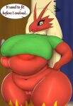  2021 anthro areola belly big_areola big_breasts blaziken blue_eyes bottomless breasts clothed clothing curvy_figure dialogue english_text female front_view genitals hi_res huge_breasts huge_thighs ineffective_clothing inside navel nintendo nipples_through_clothes pandashorts partially_clothed pok&eacute;mon pok&eacute;mon_(species) pussy red_body shirt slightly_chubby solo speech_bubble standing text thick_thighs tight_clothing topwear video_games voluptuous yellow_sclera 