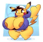  anthro areola areola_slip big_breasts breasts clothed clothing female fur hand_on_breast hat headgear headwear hi_res hoodie huge_breasts huztar looking_at_viewer nintendo nipple_outline nipples pikachu pok&eacute;ball pok&eacute;mon pok&eacute;mon_(species) short_stack skimpy solo thick_thighs topwear video_games wide_hips yellow_body yellow_fur 