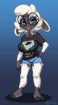  abigail_(siroc) absurd_res anthro big_breasts bottomwear bovid bra_strap breasts caprine clothing cutoffs denim denim_clothing english_text eyewear female fingers glasses hi_res hooved_fingers hooves horizontal_pupils looking_at_viewer mammal pupils sheep shorts siroc solo text the_x-files 