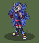  alexander_quillback_(chrislshack1998) anthro blue_eyes blue_hair blue_quills bottomwear clothing dragonfoxgirl eulipotyphlan fur glistening glistening_eyes green_blue_eyes grey_body grey_fur hair hedgehog hi_res long-eared_hedgehog long_socks male mammal navy_gloves navy_shoes shirt shorts solo tank_top topwear 