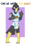  anthro avian bird bodily_fluids diaper english_text falcon falconid fethyr genital_fluids hi_res male nephy_abdl_(peregrine) omorashi pacifier padded padding peeing peregrine_falcon plushie solo text top_wing urine wet wet_diaper wetting wetting_diaper 