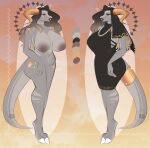  abstract_background absurd_res big_breasts breasts cemeterii clothed clothing color_swatch dragon female grey_body hi_res horn lips markings mature_female nipples nude red_lips solo standing thick_lips 