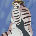  1:1 2021 absurd_res anthro bed belly blonde_hair blue_eyes blush brown_hair butt eyewear felid fur furniture glasses hair hi_res humanoid_hands kemono licho_(tas) lying male mammal overweight overweight_male pantherine saheul_s solo tiger tokyo_afterschool_summoners video_games white_body white_fur 