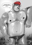  2021 absurd_res anthro bulge clothing english_text hair hi_res humanoid_hands male mammal musclegut navel nipples outside red_hair solo text towelthebear underwear ursid water wet 