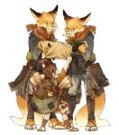  anthro backpack biped canid canine child clothed clothing eyewear footwear fox glasses group hand_on_face human male mammal maneki-neko map megumumatsuyama sandals scarf shoes simple_background thinking white_background young 