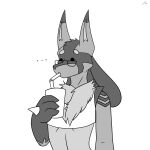  1:1 anthro clothing crop_top drinking eyewear girly glasses hi_res humor jeffthehusky lucario lucas_arynn male milkshake monochrome nintendo pok&eacute;mon pok&eacute;mon_(species) reaction_image shirt solo topwear video_games 