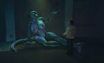  3d_(artwork) absurd_res anthro big_breasts breasts clothed clothing digital_media_(artwork) duo feet female hair hi_res human larger_female lizard lizard_(petruz) macro male mammal nipples nude reptile scalie sitting size_difference smile source_filmmaker widescreen yartoo 
