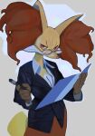  2021 absurd_res anthro breasts canid canine claws cleavage clothed clothing delphox eyewear female folder fox fur glasses grey_background hi_res holding_object inner_ear_fluff looking_up mammal nintendo orange_body orange_fur pen pok&eacute;mon pok&eacute;mon_(species) red_eyes simple_background smile solo suit tuft video_games yellow_body yellow_fur zippyart 