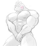  abs biceps big_muscles blush covering covering_crotch embarrassed embarrassed_nude_male humanoid looking_at_viewer machoke maldu male muscular muscular_male nintendo nipples nude pecs pok&eacute;mon pok&eacute;mon_(species) simple_background solo video_games 