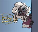  abigail_(siroc) anthro bovid caprine clothed clothing dialogue english_text eyewear female fingers glasses hi_res hooved_fingers hooves horizontal_pupils looking_around_corner mammal off_shoulder pupils sheep siroc solo text 