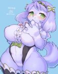  accessory anthro big_breasts blush breasts canid canine canis clothed clothing domestic_dog female headband huge_breasts kemono legwear leotard looking_at_viewer mammal ribbons rikose solo text thick_thighs thigh_highs translated 