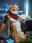  3:4 abs animal_genitalia anthro balls canid canine clothed clothing fingerless fox fox_mccloud fully_sheathed genitals gloves handwear hi_res jacket looking_at_viewer male mammal muscular muscular_male nintendo nipples pants_down partially_clothed patto pecs scarf sheath smile smirk solo star_fox topwear underwear undressing video_games 