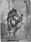  1920 20th_century ancient_furry_art anthro armor barefoot biped breastplate brown_bear bruin_(reynard_cycle) clothed clothing detailed_background door feet gauntlets gloves greyscale handwear hi_res joseph_jacinto_mora male mammal melee_weapon monochrome plantigrade plate_armor public_domain scabbard solo sword traditional_media_(artwork) ursid ursine weapon 