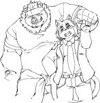  accessory anthro blush cat_operator clothing domestic_cat duo exe_exem felid feline felis goro_(live-a-hero) headband lifewonders live-a-hero male mammal monochrome necktie overweight protagonist_(live-a-hero) size_difference sketch suit ursid video_games 