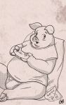  anthro blush briefs bulge chip_bag chips_(food) clothing controller domestic_pig fingers food game_controller goatboner_(artist) hooved_fingers hooves male mammal obese obese_male overweight overweight_male pillow shirt signature simple_background solo suid suina sus_(pig) topwear underwear 