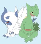 anthro blue_background claws crossed_arms crossed_legs duo female feral hi_res male mega_absol mega_evolution nintendo object_in_mouth pok&eacute;mon pok&eacute;mon_(species) roguecolonel303 sceptile simple_background sitting video_games 