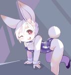  anthro bent_over bow_tie bunny_costume canopus335 clothing costume female fur hair lagomorph leotard looking_at_viewer mammal one_eye_closed open_mouth open_smile red_eyes scut_tail shirt_cuffs short_hair simple_background smile solo white_body white_fur white_hair wink 