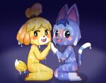  &lt;3 0227 :3 absurd_res animal_crossing anthro bodily_fluids canid canine canis cum cum_on_body domestic_cat domestic_dog duo felid feline felis female genital_fluids gradient_background hand_holding hi_res isabelle_(animal_crossing) kneeling looking_at_viewer mammal nintendo nude open_mouth open_smile paws rosie_(animal_crossing) simple_background smile video_games 