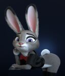  2021 3d_(artwork) anthro bent_over blue_background bottomless bow_tie claws clothed clothing digital_media_(artwork) dipstick_ears disney eyebrows eyelashes female fingers fur grey_body grey_fur hi_res judy_hopps lagomorph legwear leporid long_ears looking_at_viewer lying mammal melo mostly_nude multicolored_body multicolored_ears multicolored_fur on_front pink_nose purple_eyes rabbit scut_tail short_tail simple_background smile solo thigh_highs tights topwear two_tone_body two_tone_fur white_body white_fur zootopia 