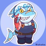  1:1 anthro banbanwakaba bandanna chibi clothing fish grin hi_res isaribi kerchief lifewonders live-a-hero male marine muscular muscular_anthro muscular_male overalls red_snapper scar shark sharp_teeth smile solo teeth video_games yellow_eyes 