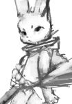 4_fingers anthro baggy_clothing circle_eyebrows clothing ears_up eyebrows female fingers fur grey_nose key_rooki lagomorph leporid looking_at_viewer low_res mammal monochrome rabbit solo undressing white_body white_ears white_fur 