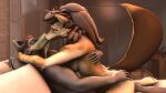  16:9 3d_(artwork) 4k absurd_res anthro anthro_on_anthro bed breasts brown_hair canid canine canis cheek_tuft digital_media_(artwork) duo elbow_tuft eyes_closed facial_tuft female furniture hair hand_behind_back hand_on_butt hi_res inner_ear_fluff kissing male male/female mammal multicolored_body sex stazzy tuft two_tone_body widescreen wolf 
