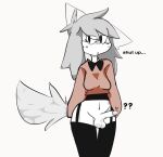  absurd_res annoyed anthro balls bodily_fluids breasts canid canine clothed clothing digital_media_(artwork) embarrassed erection fox fur genital_fluids genitals gynomorph hair hi_res humanoid intersex mammal nude penis simple_background solo tivkey_(artist) trans_(lore) trans_woman_(lore) 