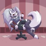  1:1 anthro black_nose bottomwear breasts canid cellphone chair clothing ear_piercing ear_ring female fur furniture grey_hair hair helluva_boss legwear loona_(vivzmind) mammal midriff navel pawpads phone piercing red_eyes shorts solo tempestryder thigh_highs white_body white_fur 