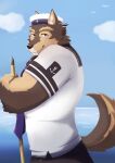  anthro broom canid canine canis cleaning_tool domestic_dog fur hi_res inugami1837 lifewonders live-a-hero male mammal multicolored_body multicolored_fur muscular muscular_anthro muscular_male pubraseer sailor_hat sailor_uniform solo sweeping video_games 
