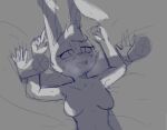  agidyne anthro bed blush breasts breath disembodied_hand duo featureless_breasts female furniture hi_res lagomorph mammal offscreen_male panting 