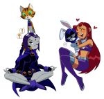  ! &lt;3 2021 ? anthro carrying cartoon_network crossed_legs dc_comics domestic_cat duo felid feline felis female flowerimh hi_res hug human lagomorph leporid mammal meditation on_head rabbit raven_(dc) simple_background starfire_(teen_titans) teen_titans teen_titans_(television_series) white_background 