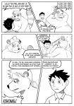  anthro belly bodily_fluids canid canine comic duo french_text hi_res human male mammal monochrome moobs nipples nude overweight overweight_anthro raccoon_dog sweat tanuki tears text tolok translation_check translation_request 