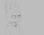  agidyne anthro blush clothing grey_background hi_res hoodie lagomorph looking_offscreen male mammal simple_background solo topwear 